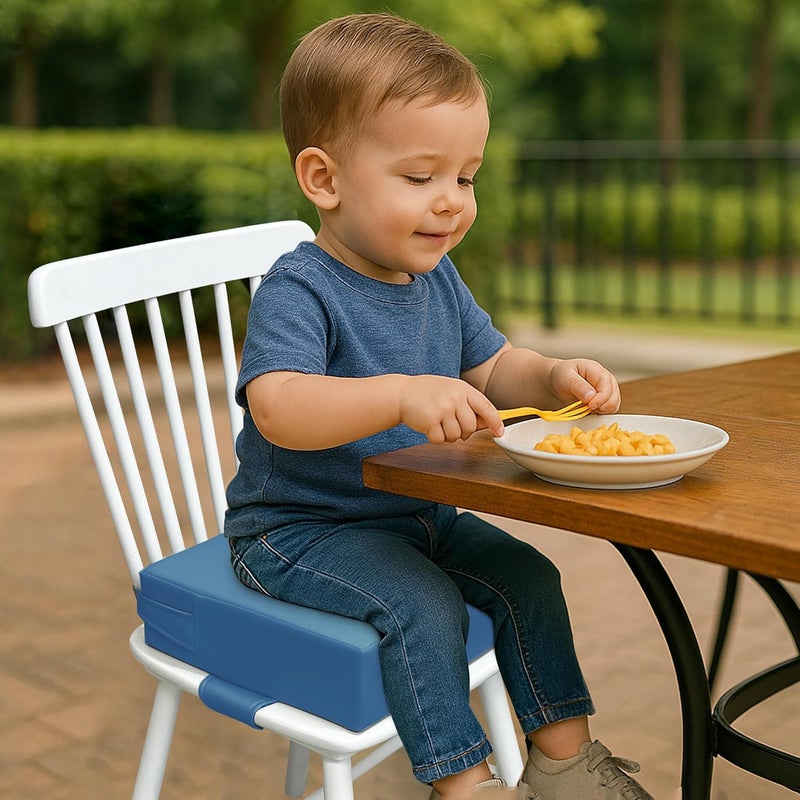 AAAini Toddler Booster Seat for Dining Table – PU Washable Cushion with Double Safe Straps, Non-Slip Bottom, Portable Travel Booster Seat for Toddlers (Blue) - Image 3